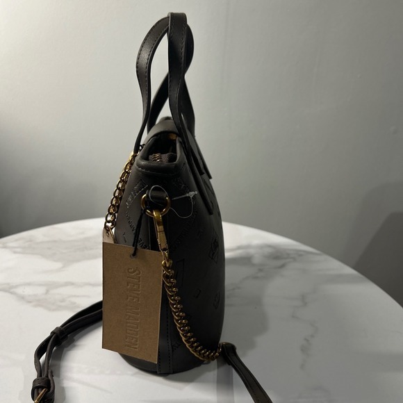 Steve Madden Satchel Bucket Bag Purse Brown Embossed Logo Chain Accent‎ - Picture 15 of 16